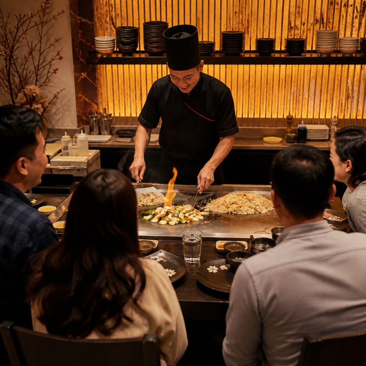 Friends sharing a hibachi dinner around a teppanyaki grill