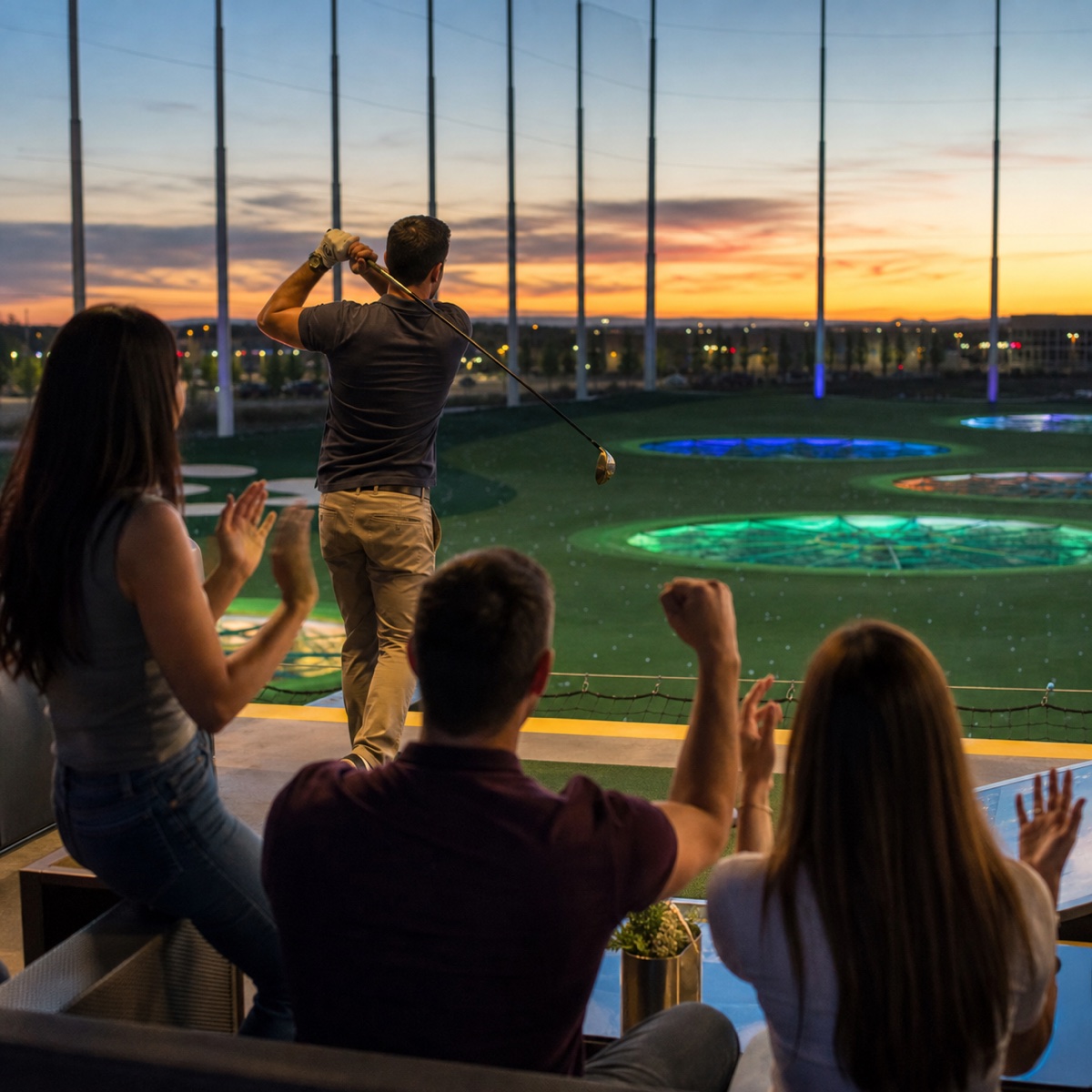Friends enjoying a social golf driving range outing