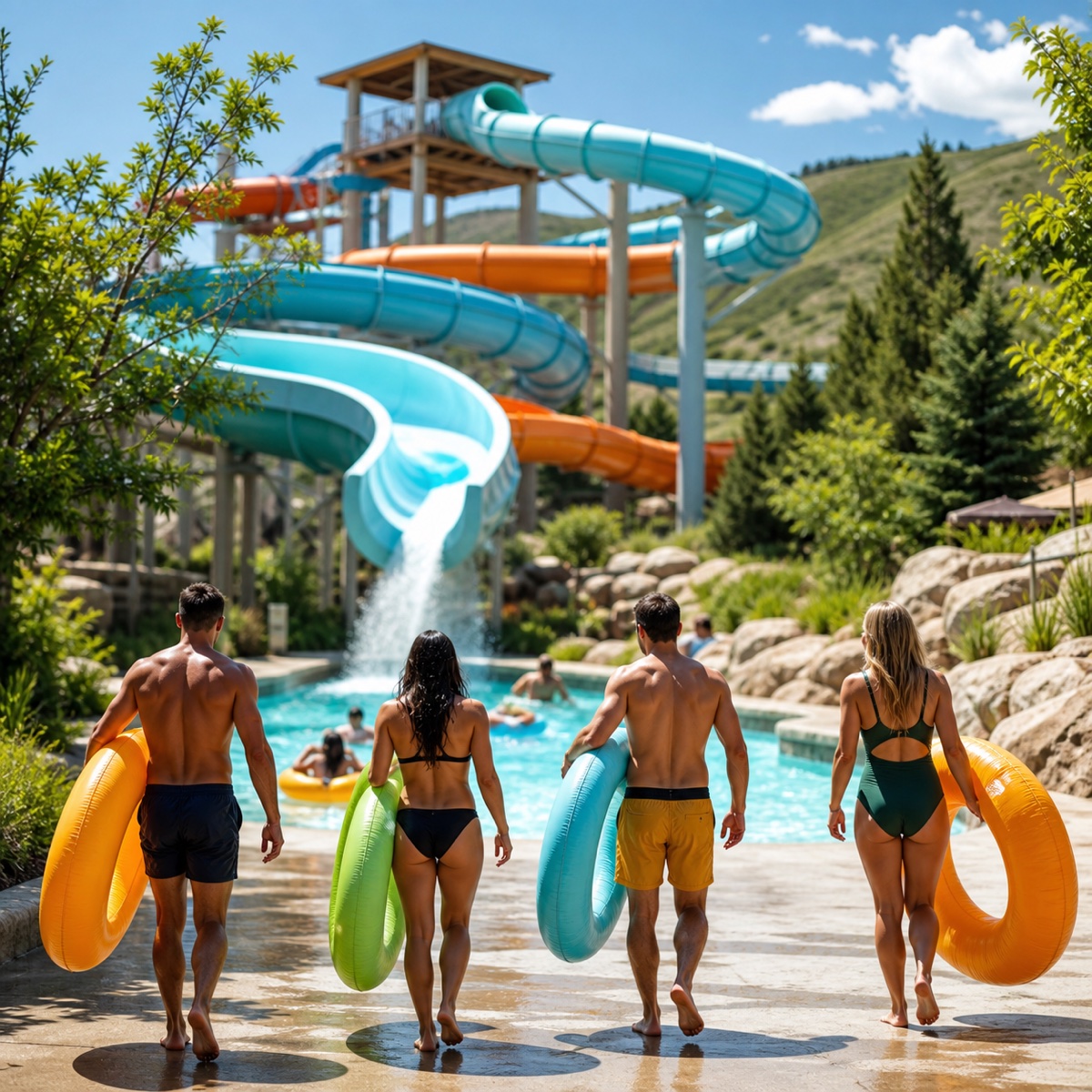 Friends carrying inner tubes toward water park slides